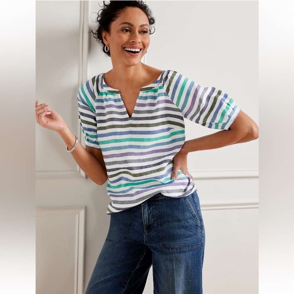 Talbots 100% Linen Split Neck Popover Top Rockport Stripe Women’s Size XS